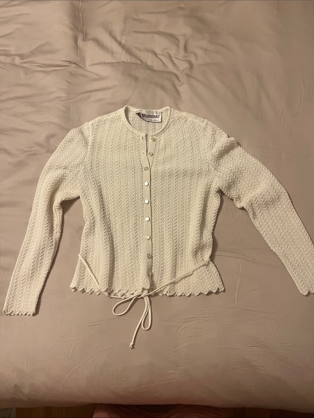 Vintage Castleberry Ivory Pointelle Knit Cardigan Tie Waist Gold Buttons